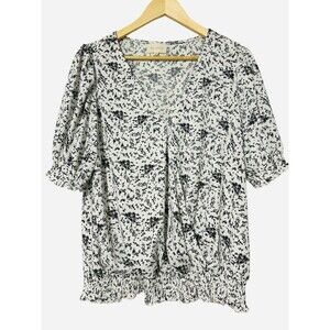 Melloday White Black Floral Short Puff Sleeve Peasant Top Size XL Ruffles Boho